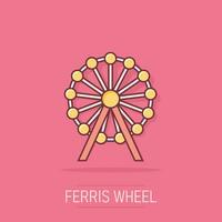 vettore cartone animato Ferris ruota icona nel comico stile. giostra nel parco cartello illustrazione pittogramma. divertimento cavalcata attività commerciale spruzzo effetto concetto.