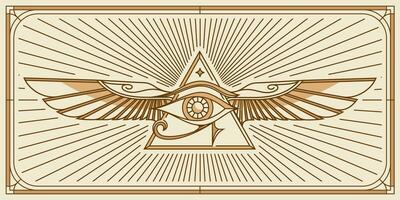 occhio di Horus con sacro scarabeo Ali design. tutti vedendo occhio di Dio nel sacro geometria triangolo con uccello Ali di falco o angelo, opere murarie e illuminati simbolo, vettore logo o emblema design