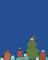 i regali e Natale albero verticale sfondo piatto illustrazione. mano disegnato festivo carta per testo con nuovo anno motivo design per Congratulazioni su inverno vacanze, saldi. per striscione, carta, Stampa, carta vettore