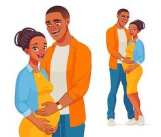 uomo afroamericano felice che tiene la pancia di sua moglie incinta vettore