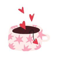 carino mano disegnato tazza di tè con cuori, cartone animato piatto vettore illustrazione isolato su bianca sfondo. boccale disegno con grunge struttura. amore pozione. san valentino giorno simbolo.