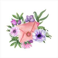 acquerello anemone con rosa Busta. primavera mazzo di fiori. amore, romantico vettore