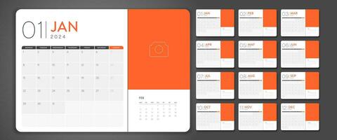 2024 creativo minimo attività commerciale mensile calendario modello vettore. scrivania, parete calendario per Stampa, digitale calendario o pianificatore. settimana inizio su lunedì. semplice moderno annuale calendario disposizione design elementi. vettore