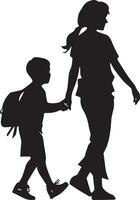 un' donna andando per scuola con sua bambino vettore silhouette 4