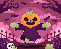 felice jack o lantern che cammina nella notte di halloween vettore