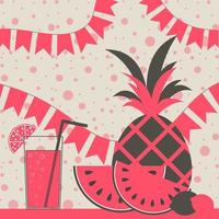 frutta e un cocktail con una cannuccia su uno sfondo di ghirlande e coriandoli. cibo tropicale. ananas, anguria, limone. semplice illustrazione vettoriale piatto.