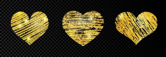 impostato di tre cuore con d'oro luccicante scarabocchiare dipingere su buio sfondo. sfondo con oro scintille e luccichio effetto. vuoto spazio per il tuo testo. vettore illustrazione