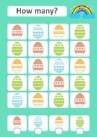 gioco di conteggio per bambini in età prescolare. lo studio della matematica. quanti elementi nella foto. uova di Pasqua colorate. con un posto per le risposte. semplice illustrazione vettoriale piatto isolato.