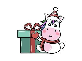 Natale con unicorno cartone animato vettore