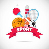 sport stile piatto design attrezzature poster illustrazione vettoriale con palline - calcio, calcio, basket. bowling, tennis e racchetta da ping pong, grande nastro rosso e spazio di testo isolato su bianco.