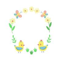 Pasqua telaio con poco carino gallina con fiori e farfalla. contento Pasqua arredamento. vettore illustrazione.