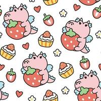 senza soluzione di continuità modello di carino Drago con fragola su bianca sfondo.cinese animale cartoon.zodiac.heart,torta,fiore mano disegnato.bambino ragazza capi di abbigliamento Stampa schermo.kawaii.vettore.illustrazione. vettore