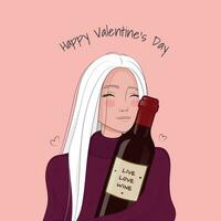 donna nel un' maglione abbracciare un' grande bottiglia di vino. divertente san valentino giorno manifesto. vettore