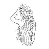 grafico disegno di mano. Immagine di un' nudo ragazza con un' lungo femmina acconciatura e fiori. per il design di il luogo, attività commerciale carte, parrucchiere, etichette per capelli cura prodotti. vettore. vettore