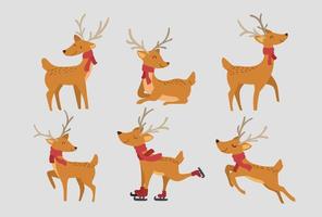 set di simpatici personaggi di renne. cartone animato felice e divertente con regalo ed elementi decorativi per l'illustrazione vettoriale di natale