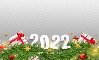 buon natale e felice anno nuovo su sfondo trasparente. scatole regalo realistiche, rami, stelle ed elementi natalizi. illustrazione vettoriale 3D