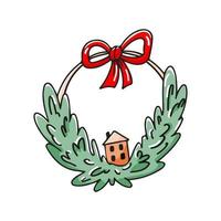 icona di ghirlanda di Natale dai rami con un fiocco e una casa isolata su uno sfondo bianco. illustrazione disegnata a mano di stile di scarabocchio di vettore