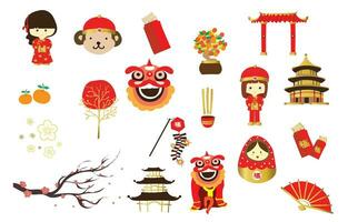 Cinese oggetto elemento impostato con leone, ragazza, tempio.vettore illustrazione per cartolina, striscione vettore