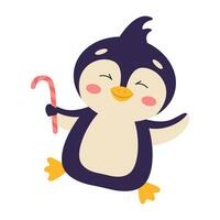 carino cartone animato pinguino con Natale caramella. vettore illustrazione.