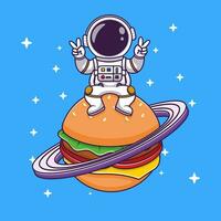 carino astronauta seduta su il hamburger pianeta con pace mano cartone animato vettore icona illustrazione piatto