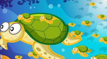 scena subacquea con molte tartarughe che nuotano vettore