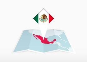Messico è raffigurato su un' piegato carta carta geografica e appuntato Posizione marcatore con bandiera di Messico. vettore