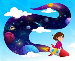 cartone animato ragazzo ragazza volante su razzo, blu cielo, spazio vettore