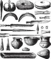 gallico strumenti, oggetti scoperto nel il laghi di Svizzera, piatto iii, Vintage ▾ incisione. vettore