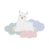 illustrazione con addormentato alpaca lama su nuvole nel il cielo. illustrazione per manifesti, saluto carte, asilo decorazione e bambino magliette. vettore