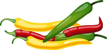 rosso verde e giallo peperoncino cartone animato frutta vettore illustrazione su bianca sfondo.