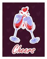 cartolina con Due vino bicchieri nel cartone animato stile. manifesto con Saluti, spruzzi e cuori. vettore illustrazione.