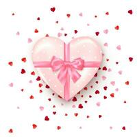 regalo nel cuori sagomato scatola con rosa seta arco. presente per San Valentino giorno decorato coriandoli. vettore