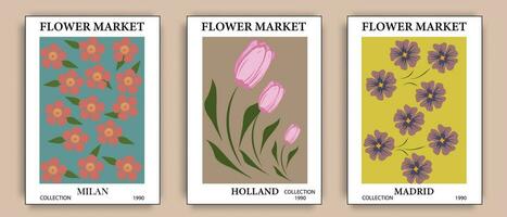 fiore mercato manifesto con tulipani e ranuncoli. astratto floreale illustrazione. manifesto per carte, parete arte, striscione, sfondo, Stampa. vettore illustrazione.