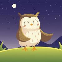 simpatico gufo uccello cartone animato animale nell'erba cielo notturno vettore