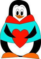 cartone animato di un' pinguino nel blu cappotto Tenere un' grande rosso cuore vettore illustrazione su bianca sfondo