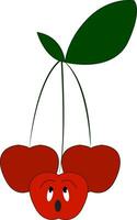 tre ciliegia frutta sospeso a partire dal un' singolo ramo guardare a diverso indicazioni vettore colore disegno o illustrazione