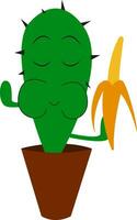 divertente clipart di un' cactus pianta emoji godendo Banana come esso detiene esso nel mano vettore colore disegno o illustrazione