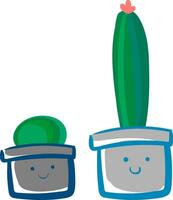 Due cactus pentole ogni con un' sorridente emoji per interno decorazione fornisce extra stile per il spazio occupato vettore colore disegno o illustrazione