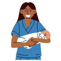 un' ostetrica o un' medico con un' neonato. un' donna infermiera, medico o ostetrica sorrisi nel un' blu uniforme, in piedi Tenere un' neonato bambino nel sua braccia, varietà, nel un' maternità ospedale vettore illustrazione