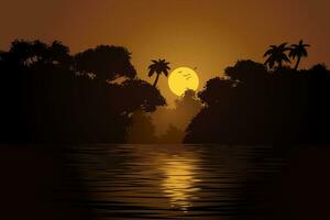 tramonto al di sopra di fiume con foresta silhouette vettore