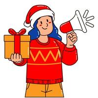 donna nel un' Santa Claus cappello Tenere un' regalo scatola e megafono vettore