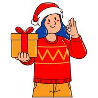 donna nel un' Santa Claus cappello Tenere un' regalo scatola vettore