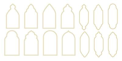 impostato islamico arco telaio d'oro minimo linea confine isolato su bianca sfondo. boho oro musulmano porta, finestra decorazione. vettore illustrazione