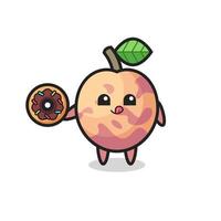 illustrazione di un personaggio di frutta pluot che mangia una ciambella vettore