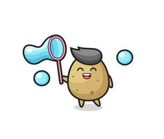 cartone animato patata felice che gioca bolla di sapone vettore
