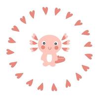 cuori disegnati a mano di forma rotonda con axolotl. vettore