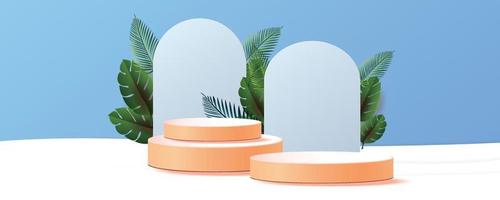 3d podio geometrico mockup foglia tropicale concetto naturale per vetrina sfondo verde astratto scena minima presentazione del prodotto illustratore vettoriale
