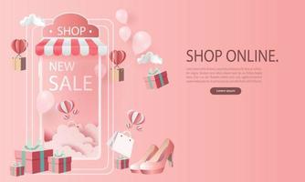 arte della carta shopping online su smartphone e nuova promozione di acquisto vendita backgroud rosa per il concetto di donne e-commerce mercato banner. vettore