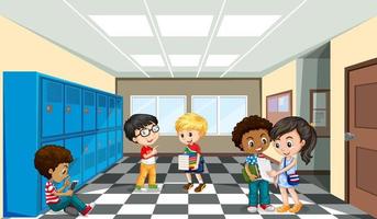 scena della scuola con il personaggio dei cartoni animati degli studenti vettore