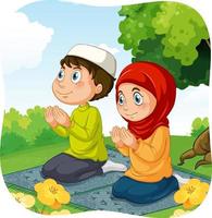 sorella e fratello musulmani nel personaggio dei cartoni animati di posizione di preghiera vettore